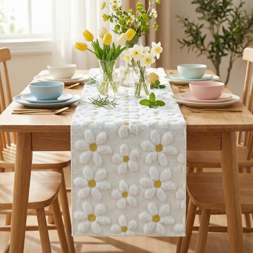 Artoid Mode White Soft Plush Faux Fur Jacquard Embroidery Daisy Spring Table Runner, Kitchen Dining Table Decoration for Home Party Decor 13x72 Inch Artoid Mode White Soft Plush Faux Fur Jacquard Embroidery Daisy Spring Table Runner, Kitchen Dining Table Decoration for Home Party Decor 13x72 Inch - Image 2