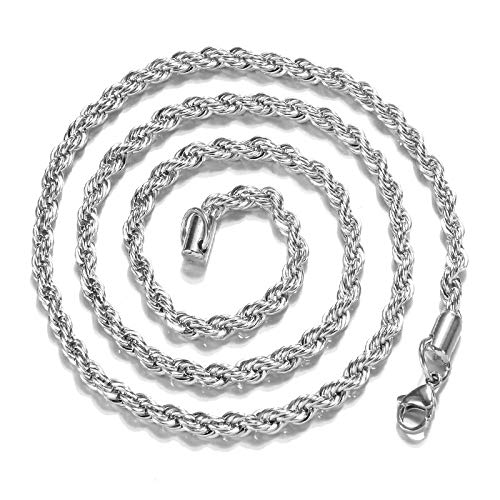 4mm 925 Sterling Silver Necklace 4mm 16-24inch Women/Mens Twisted Rope Chain Chains for Men, Stainless Steel Rope Chain Necklace Twist Chain Necklace for Women,4mm Twisted String Necklace 16 in