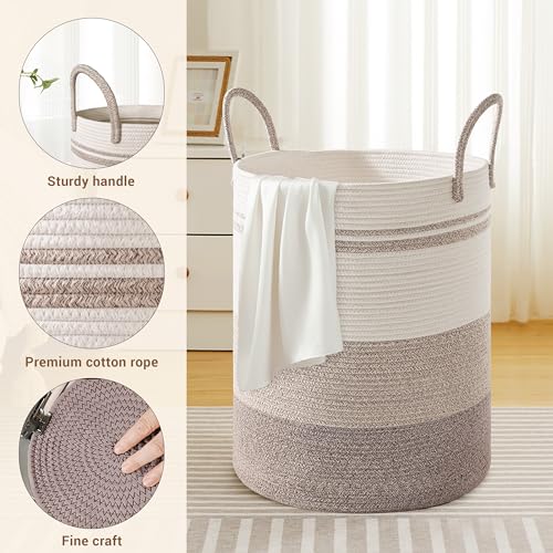 Image of 100L Extra Large Tall Cotton Rope Laundry Basket with Handle, Brown Striped