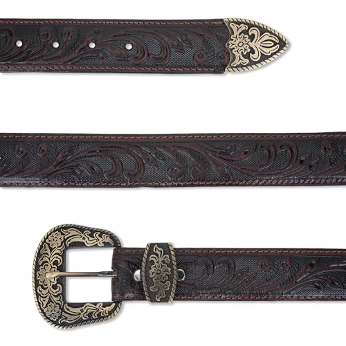 Image of Western Leather Belt for Men & Women, Floral Embossed Cowhide, Durable Rodeo Style for Jeans, Casual Wear & Country Outfits