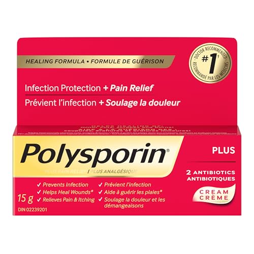 Polysporin® Plus Pain Relief Cream, Antibiotic Cream for First Aid Care of Minor Burns and Cuts, 15g
