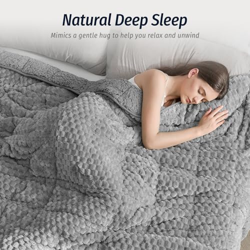 Wemore Fleece Weighted Blanket for Adults (48" x 72" 15lbs, Grey), Dual Sided Cozy Soft Sherpa Heavy Blanket, 3D Imitation Turtle Shell Warm Jacquard Flannel Weighted Blankets for Couch and Bed