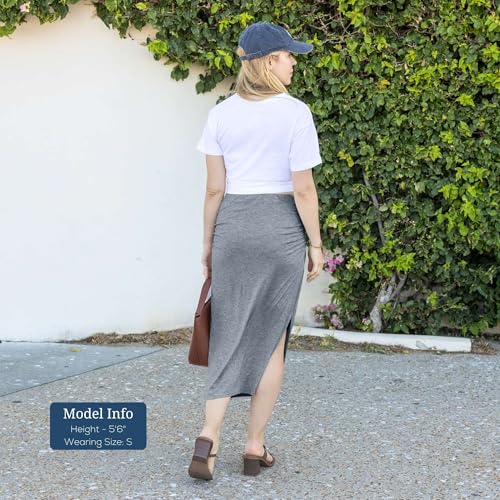 Image of Azules Women's Stretchy Midi Skirt, Ruched Bodycon Jersey Knit Skirt with Side Slit Pull-On High Waist Fit