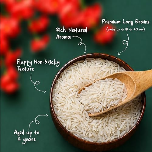 Image of COWBERRY Organic Royal Basmati Rice /Extra Long Grain 5 kg, Aged 2 Years Premium 18-20mm Cooked | NPOP India, NOP USDA, EU Organic Certified | Lab-Tested 252+ Chemicals & Glyphosate Free