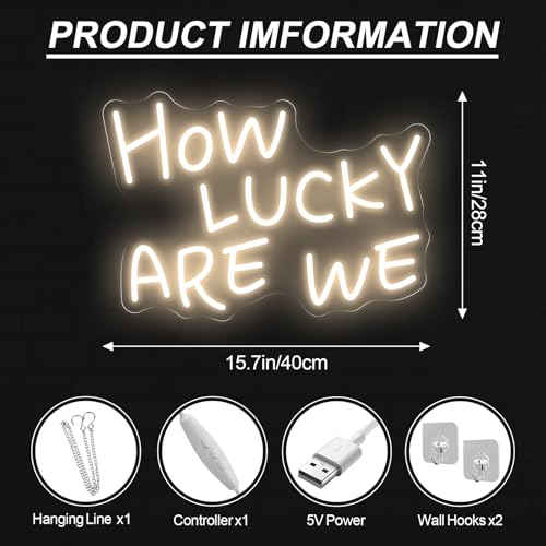 Image of How Lucky Are We Neon Sign, Romantic Anniversary LED Light, Home Bedroom Wall Decor,Valentine's Day Decor, Wedding Neon Wall Art, 15.7 inchx11 inch, Warrm White