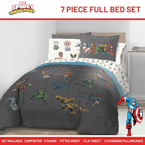 Image of Marvel Comics Avengers Full Size Comforter Set 7 Piece Bedding, Gray | Hulk Captain America, Comforter Sheets Shams Pillowcases, Official Product, Microfiber, Machine Washable, Boys Gift