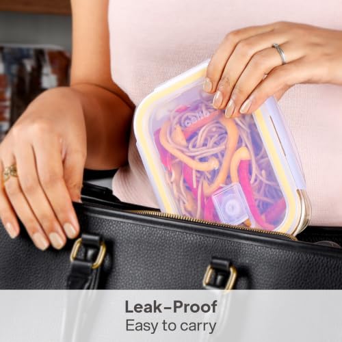 Image of CELLO Fit & Fresh Rectangle Lunch Box Container for Daily Use 640ml Clear | Microwave & Fridge Safe Toughened Glass Airtight Leakproof Food Storage Tiffin Box Container for Kitchen Travel & Office Use