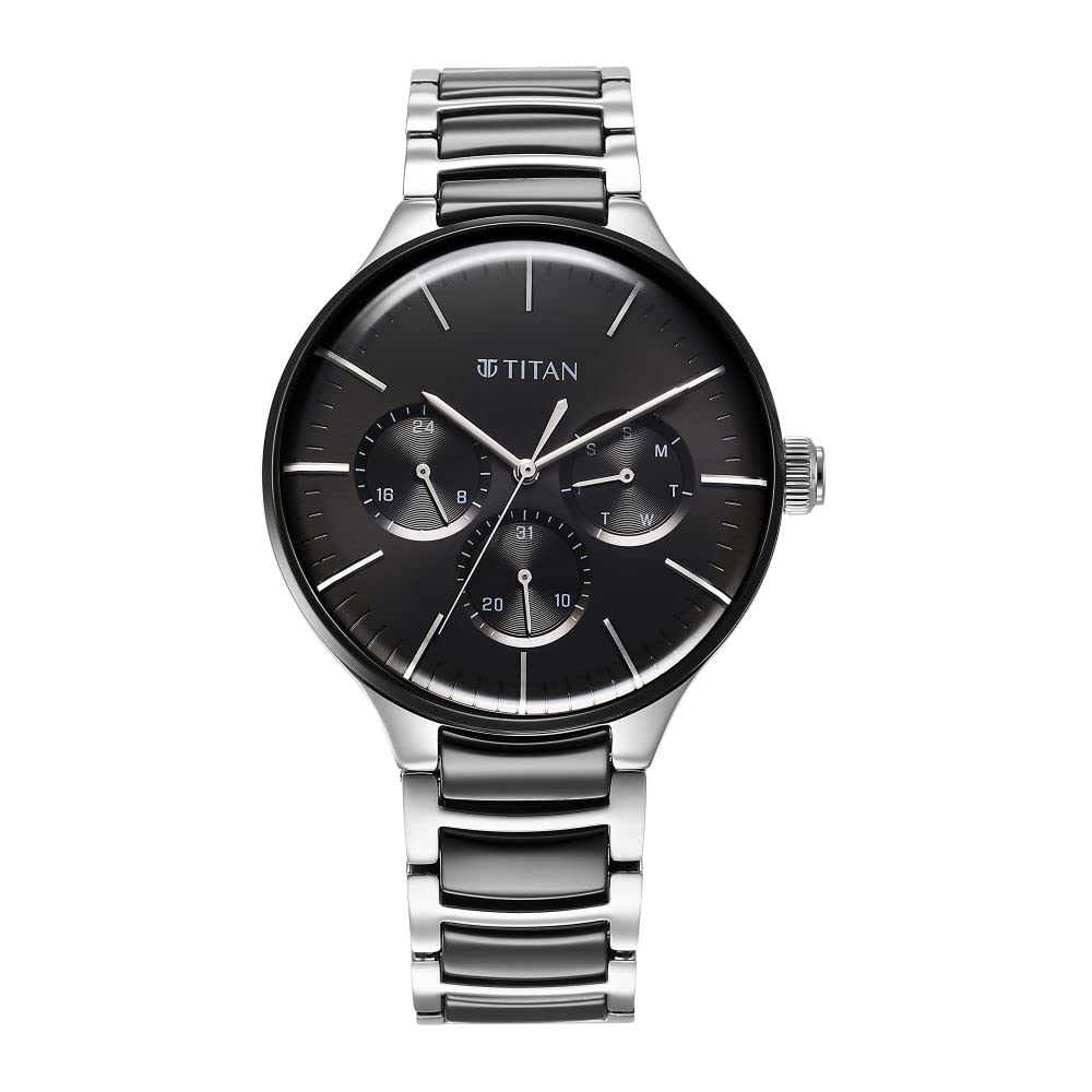 Titan Ceramic Fusion Quartz Multifunction Black Dial Silver Dual-Toned Stainless Steel Bracelet Watch for Men-NS90148KD01 (B0BD4QK6H7) Amazon Price History, Amazon Price Tracker