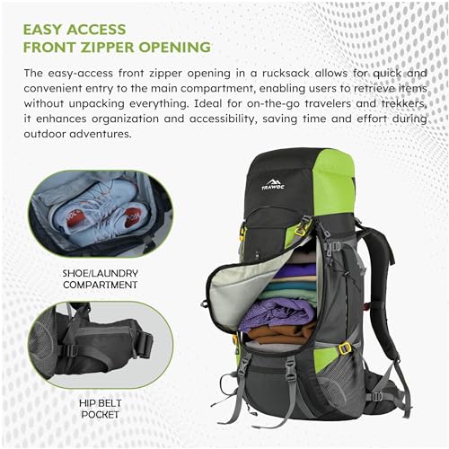 Image of TRAWOC TERRABOUND 60 Liter Camping Backpack Trekking Hiking Ruckssack Travel Bag Front & Top Loading Laptop /Rain Cover /Shoe Compartment, HK014