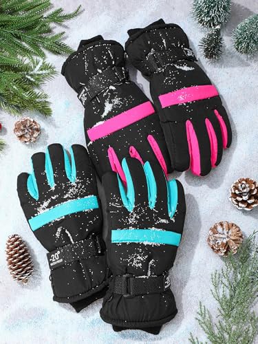 Image of SATINIOR 2 Pairs Kids Waterproof Winter Snow Gloves Ski Gloves for Boy Girl Outdoor Warm Thickening Snowboard