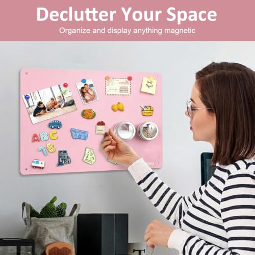 Image of Stainless Steel Magnetic Board 15.7 x 11.8 Inches, Wall Mounted Magnet Memo & Bulletin Organizer for Notes, Photos, Recipes, Kitchen Home Office Decor (Pink)