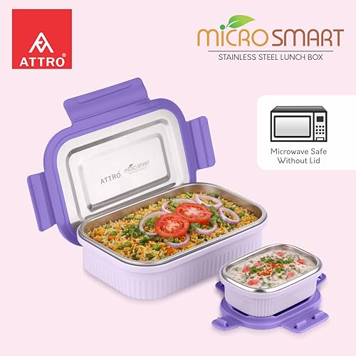 Image of ATTRO Micro Smart Stainless Steel Lunch Box with Inner Steel Body, Microwave Safe Without Lid, Airtight Leakproof with Small Container for Office, School Kids & Outdoor Use - 800ml+180ml-Purple