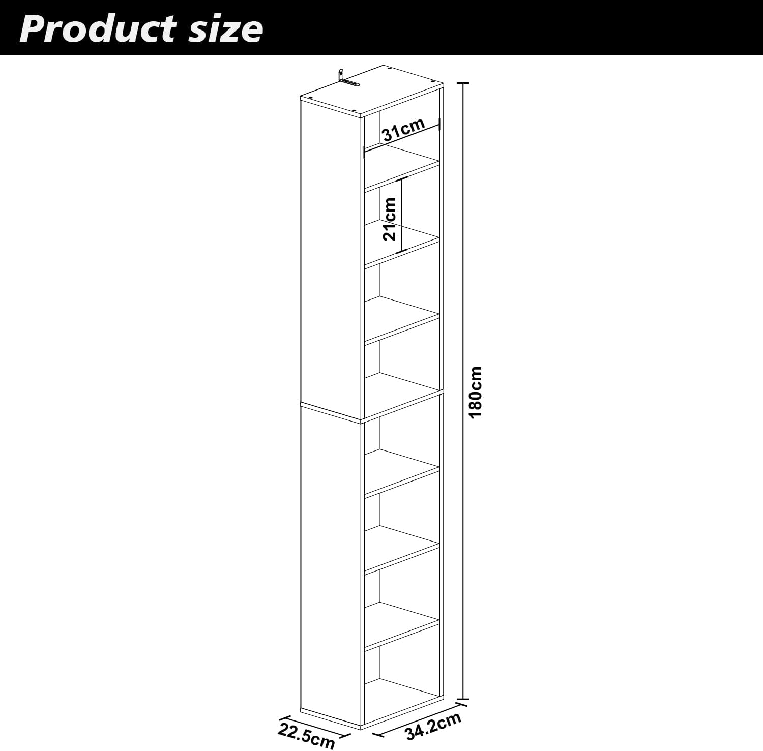 Panana 8 Tier Storage Shelf Bookcase, Slim Organizer Shelves Cabinet Tall Narrow Media Tower Rack Display Bookshelf for Home Office (White)