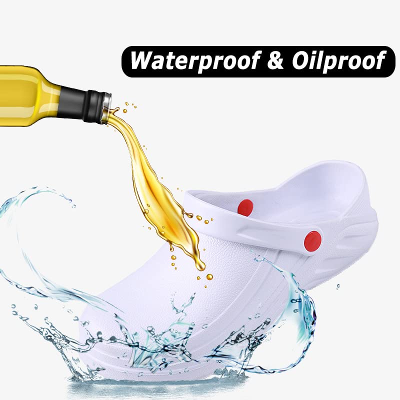 FLIOZY Chef Clogs Men's Women's Non-Slip Nursing Chef Shoes Food Service Work Shoes Professional Waterproof and Oil-Proof Kitchen Garden Hospital Nursing Clogs White 40/41