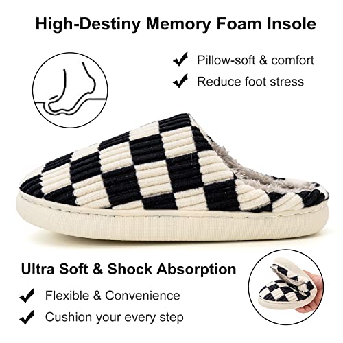House Slippers for Women Men, Checkered Slippers, Women's Checkerboard Slippers Teen Girls Trendy Plaid Scuff Slides, Men's Fuzzy Cotton Indoor Slippers Slip on Memory Foam Bedroom Home Shoes2