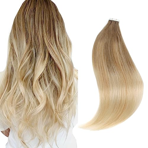 Image of Sixstarhair Invisible Tape In Hair Extensions Real Human Hair Ash Brown Fading into Ash Blonde Remy Tape Hair Extensions for Woman 20 Pieces 50g [Color #B8-18-60 22 inch]