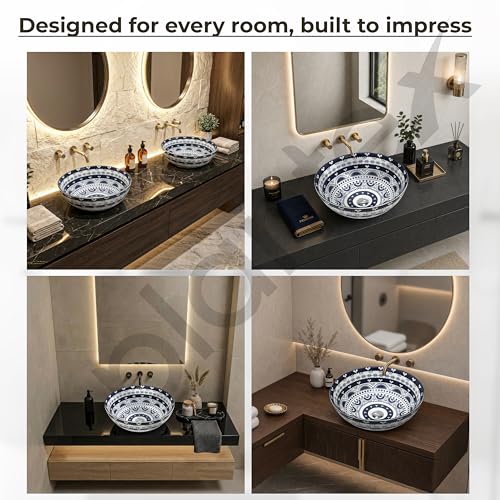 Image of Plantex Designer Ceramic Basin /Table Top Wash Basin for Bathroom /Round Countertop Vessel Sink Basin for Home /Restaurant (White Art, 16 x 16 x 6 Inch)