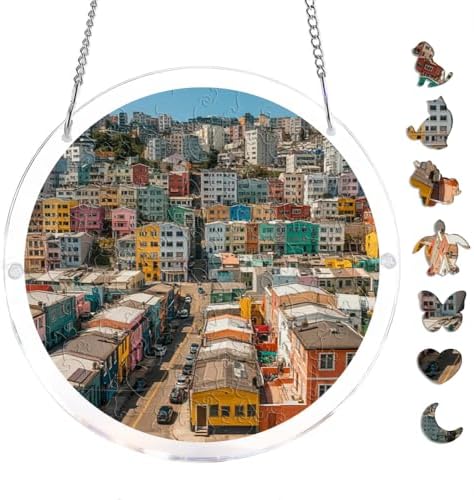 Sun Acrylic Catcher Puzzle Colorful Houses in A Vibrant Urban Village (4) Acrylic Jigsaw Puzzle Suncatcher Window Hanging, DIY Clear Acrylic Puzzle with Unique Irregular Pieces, Home Decorr 7.4 Inch