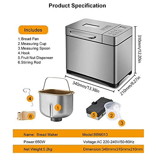 Vollautomatischer Brotbackautomat, Nussverteiler und Hefespender, 19 automatische Programme, 2LB Brotbackautomaten Edelstahl, auch für Marmelade/Konfitüre/Nudelteig, LCD-Display, Edelstahl, 15-Stunden – Bild 6