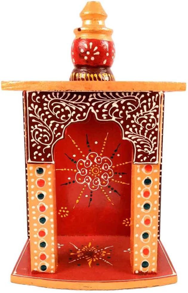 Wooden Wall Mounted Home Temple | Pooja Mandir | Hanging Puja Stand/Unit Small with Detachable Gumbad - for God, House, Puja Ghar, Office & Shop - 10 Inch