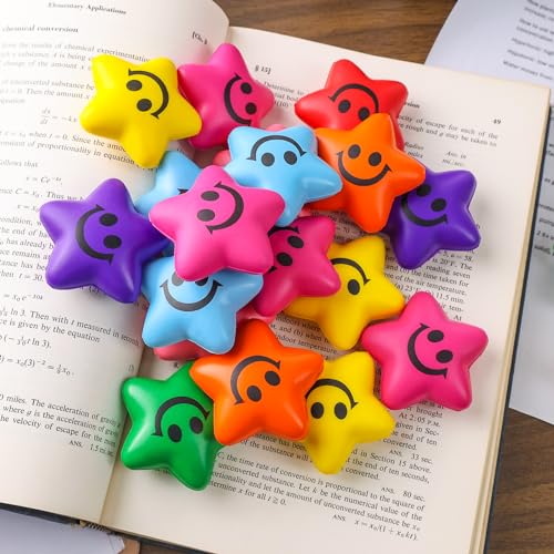 MCPINKY 32PCS Stress Balls Star Shape, 2inch Colorful Foam Squeeze Balls Smile Face Stress Balls for Kids Classroom Prizes Fidget Sensory Toys