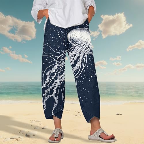 HOTYD Japanese Art Print Capri Pants for Women Elastic High Waist Cropped Pants Summer Casual Baggy Trousers with Pockets2