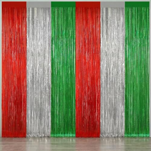 Image of 2 Pack Christmas Backdrop, Red Silver Green Party Streamer, Metallic Xmas Backdrop Fringe Curtains Foil Tinsel, Christmas Decorations Wall Decor Streamers Photo Booth Props