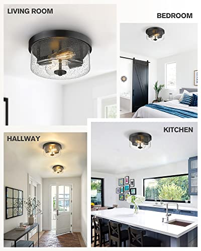 Emak Matte Black 2 Light Flush Mount Ceiling Light Fixture, 11 Inch Close To Ceiling Light Fixtures With Seeded Glass Shades For Hallway, Kitchen, Bathroom, Dining Room, Fm082-Bk #TOP5