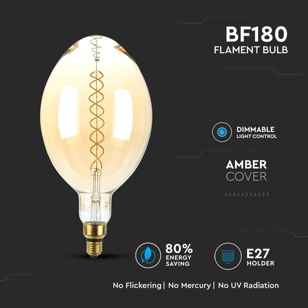 V-TAC Bombilla LED E27 8 W BF180 doble filamento ámbar 2000 K regulable