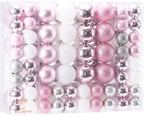 Sea Team 100 Pieces of Assorted Christmas Ball Ornaments Shatterproof Seasonal Decorative Hanging Baubles Set with Reusable Hand-held Gift Package for Holiday Xmas Tree Decorations, Rose Gold