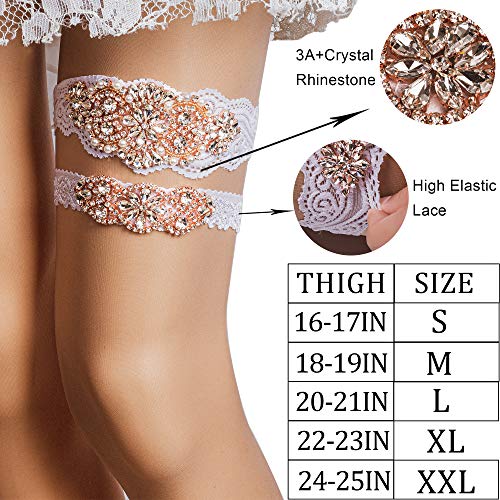 Yanstar Wedding Bridal Garter Off-White Stretch Lace Bridal Garter Sets With Rose Gold Rhinestones Clear Crystal Pearl For Wedding #TOP2
