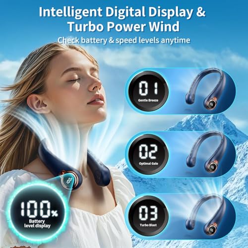 Image of Portable Neck Fan with 6000mAh USB - Rechargeable Battery, 360 Cooling Wearable Fan, 3 Speeds, Ultra-Light Bladeless Neck Fan LED Display (Blue)