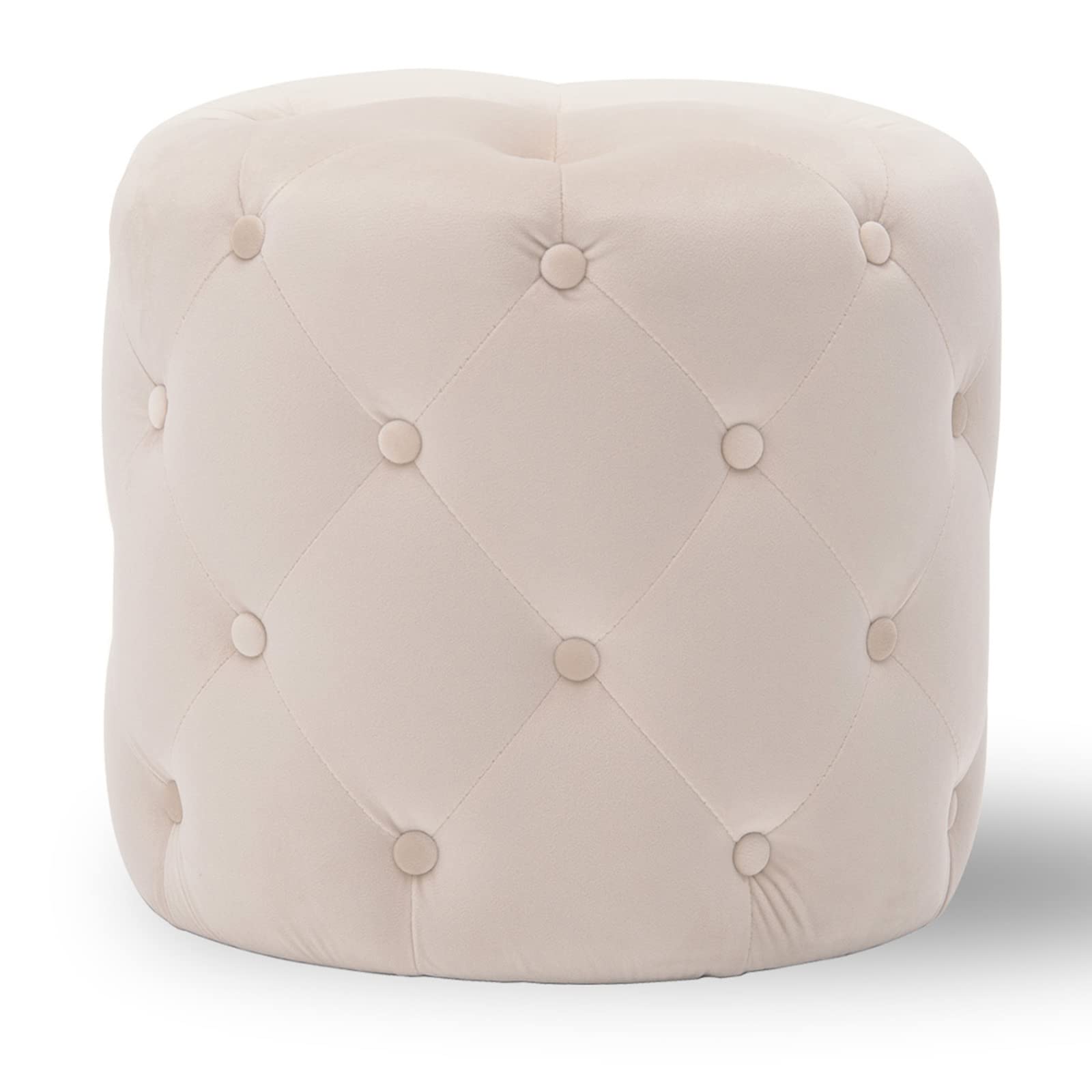 Round Tufted Velvet Ottoman,Modern Solid Wood Frame Foot Rest Stool for Living Room Hosting Room Bedroom,Upholstered Comfy Foot Stool-Beige 45x45x41cm(18x18x16inch)