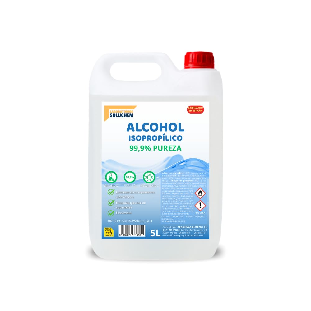 Alcohol Isopropílico 99.9% Puro - 5 Litros | Limpieza Electrónica y Eliminación de Residuos | Uso Profesional e Industrial