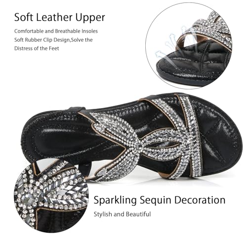 Image of iCKER Womens Rhinestone Strappy Flat Sandals Elastic Ankle Strap Open‑Toe | Sparkling,for wedding,party,evening dates,special occasion,Vacation,Formal