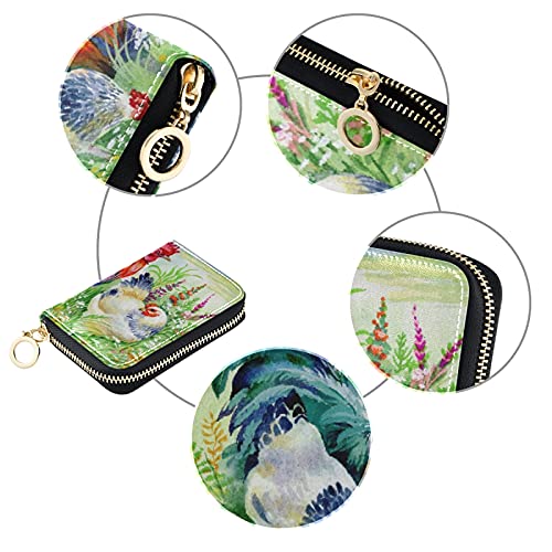Chicken Rooster Grasses Flowers Credit Card Coin wallet, RFID Blocking Compact Women Leather Card Holder, Key Change Organizer, Zipper Purse Clutch Pouch Pocket3