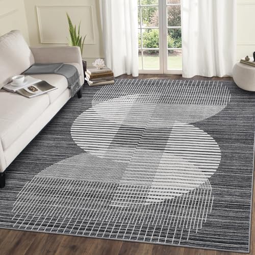 Garvee_SC Garvee Washable Rug 8x10 Area Rugs for Living Room, Modern Abstract Black Rug for Bedroom Soft Non Slip Throw Carpet with Semi-Circle Print Ultra Thin Textured Floor Cover for Dining Room Ho