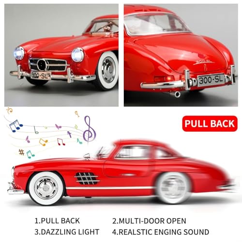 Image of 1:24 Scale MER-CEDES Ben-Z 300SL Die-Cast Metal Car with Sport car Openable Doors Light and Sound,Pull Back Function Indoor Outdoor Toy for Kids (RED)