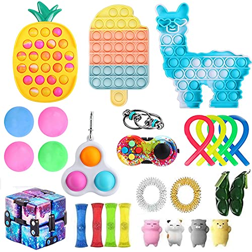 30Pcs Fidget Toy Set, Relieves Stress and Anxiety Sensory Toys Pack for Kids Adults, Fidget Box with Simple Dimple and Pop It Toy with Big Size Push Pop Bubble (fidget toy set A)