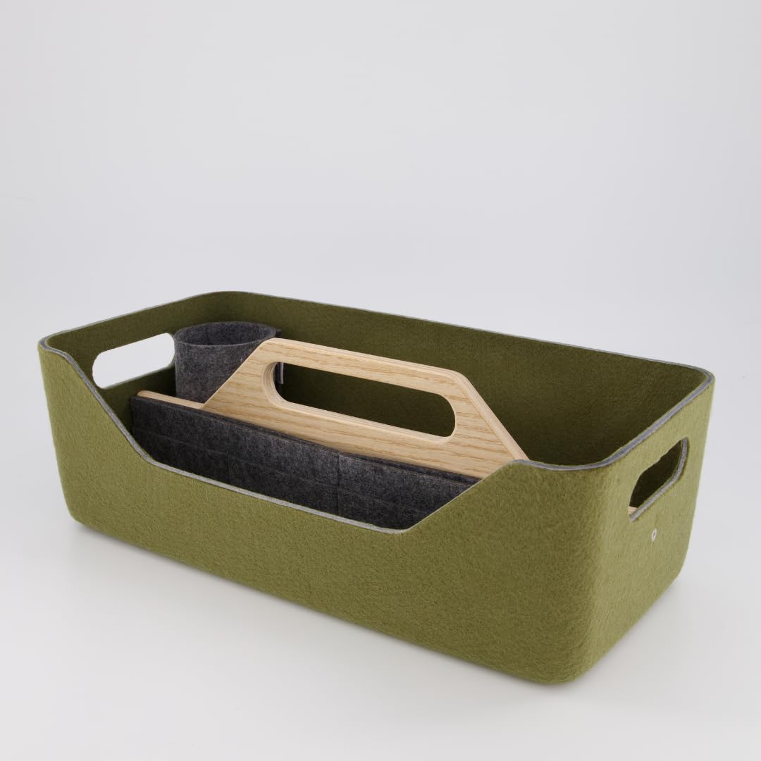 Gustav Loop – Mobiler Desk Organizer & Filztasche für Teams, Büros & Home Office | Spind Organizer aus recycelten Flaschen mit Eichenholz | Für flexibles Arbeiten & Desk Sharing (Olivegrün)