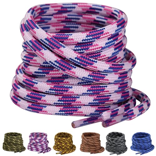 Yusimu White/Pink/Blue Heavy Duty Round Work Boot Laces - 4.5mm Thick Replacement for Working Hiking Boots Trainer Shoes | Steel Toe & Hunting Compatible 47 (120cm)-2 Pairs