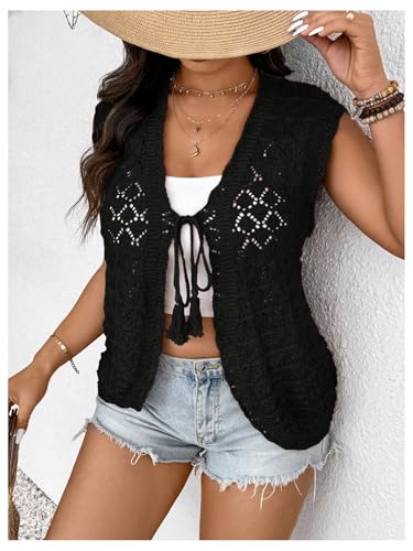 Verdusa Women's Plus Size Bow Tie Hollow Out Sweater Vests Sheer V Neck Lightweight Cardigans3