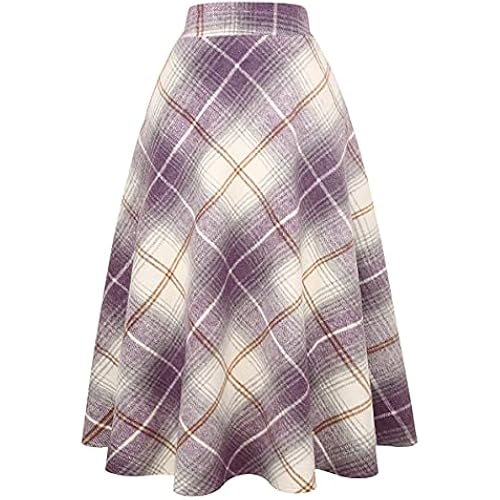 IDEALSANXUN Womens Plaid Wool Skirts Elastic Waist A-Line Pleated Tartan Long Skirts