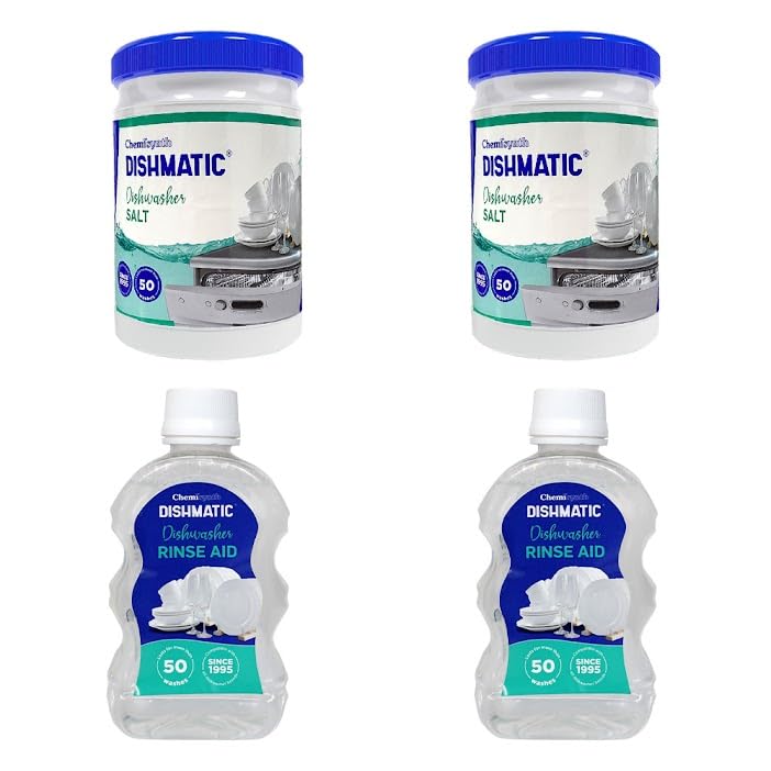 Dishmatic Dishwasher Salt and Rinse Aid (2kg * 2 bottles x 250 ml) Automatic Dishwashing Powder & Liquid Regular Combo for Sparkling Clean Dishes