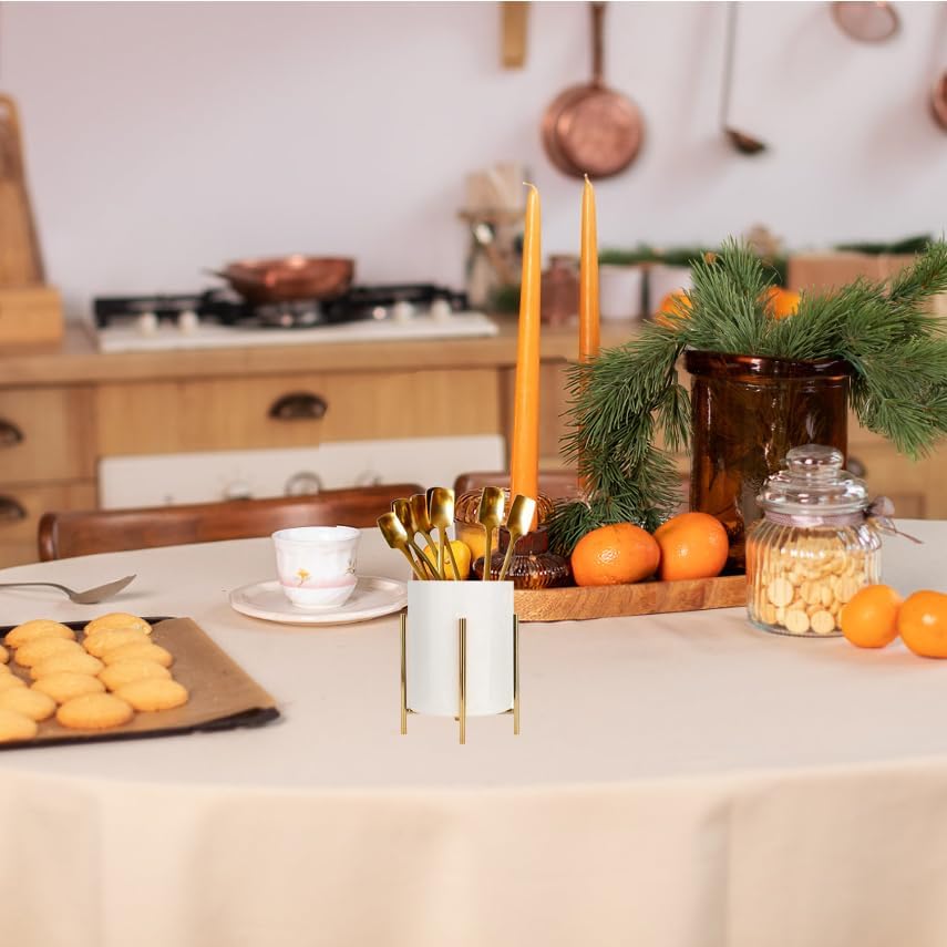 Gold pencil cup Sturdy metal frame with white ceramic pen holder For desks and kitchen appliance holders