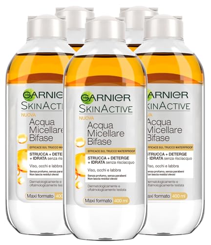 Garnier SkinActive Acqua Micellare Bifase Senza Risciacquo per Trucco Waterproof Azione Struccante Detergente Idratante per Viso Occhi Labbra con Formula Senza Profumo - 5 Flaconi 400ml