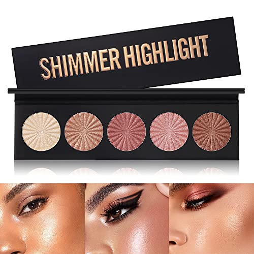 Reddhoon New Highlighter Powder Palette, 5 Colors Highlighter Baked Powder Facial Bronzers Illuminator Palette Waterproof Long Lasting Brighten Face Contour Highlighter Powder #TOP10