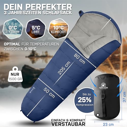 Foto von NORDBÄR® Schlafsack 3 Jahreszeiten & Sommer Ultraleicht [750g/1500g] | Camping Mumienschlafsack | kleines Packmaß [100GSM/300GMS] | Outdoor Reise Hüttenschlafsack| Sommerschlafsack