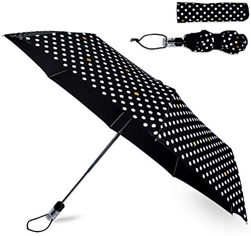 kate spade new york Black/White Travel Umbrella Lightweight Compact Umbrella with Storage Sleeve Polka Dots