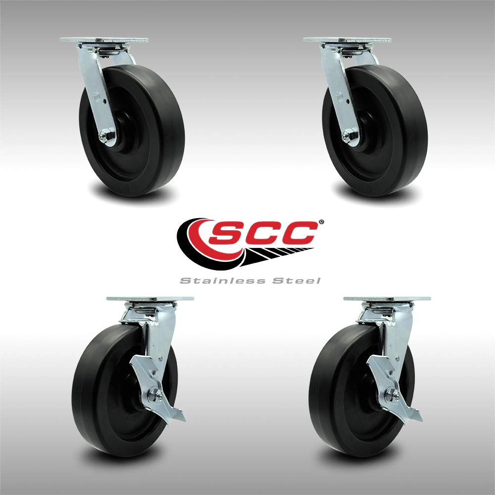Stainless Steel Heavy Duty Swivel Caster Set of 4 with 8 Inch Polyolefin Wheels and Ball Bearings - Includes 2 Swivel with Brakes and 2 Swivel - 3,600 lbs. Total Capacity - Service Caster Brand